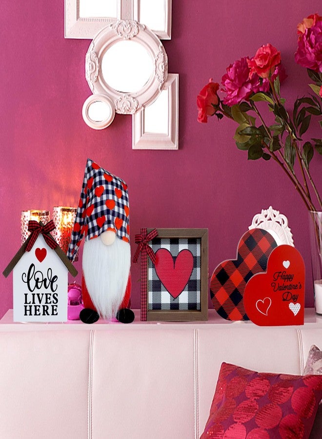 CRCZK Valentine's Day Tiered Tray Decor 5 Pcs Set with 1 Black and White Buffalo Check Gnome Plush 4 Wooden Signs Farmhouse Kitchen Decor for Red Valentine's Day and New Year's Day Decoration - Image 4